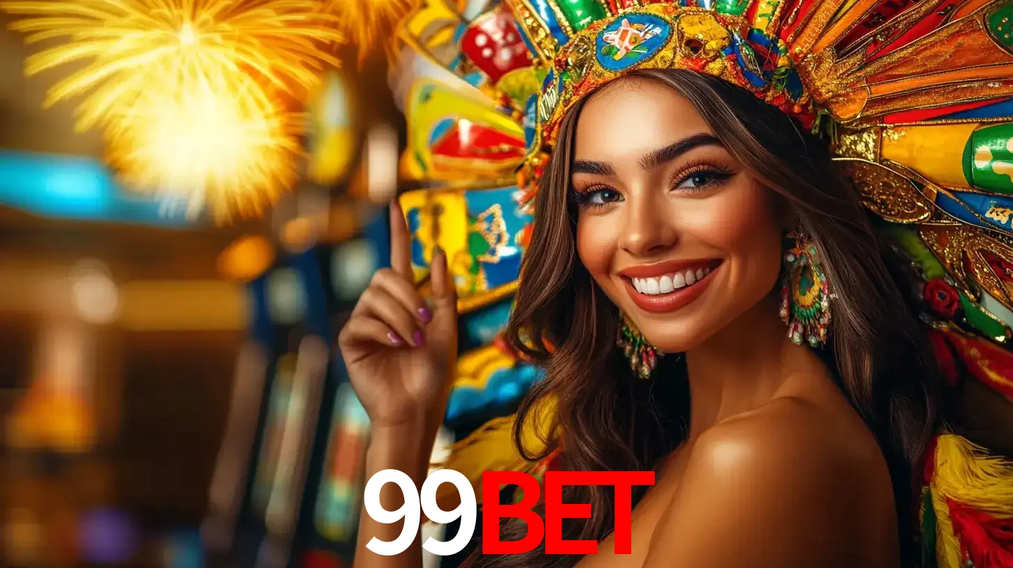 Mulher sorridente com um cocar de carnaval vibrante e colorido, celebrando uma grande vitória nos jogos do cassino 99bet com fogos de artifício ao fundo.