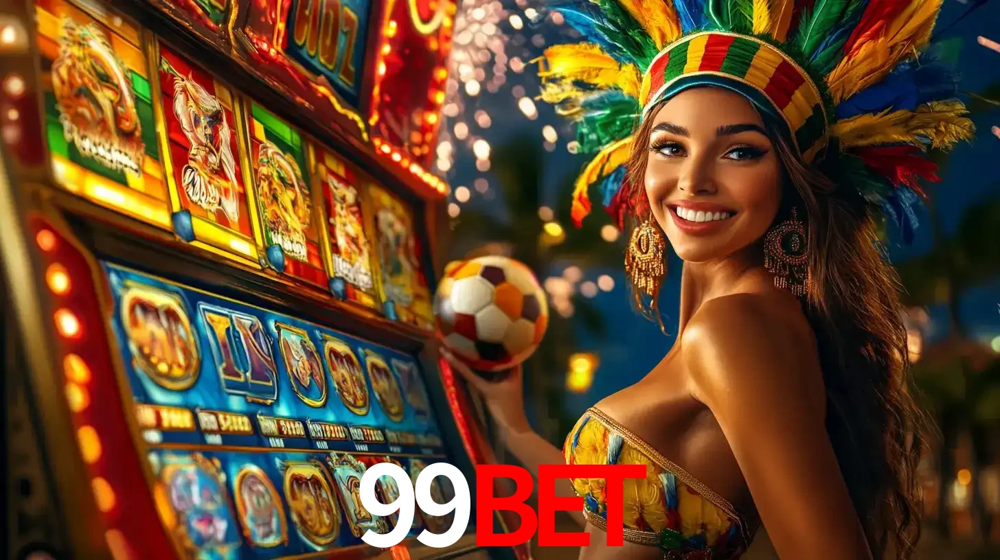 Mulher com um cocar de carnaval ao lado de uma máquina de caça-níqueis enquanto segura uma bola de futebol, mostrando a união da diversão de cassino e esportes no 99bet.