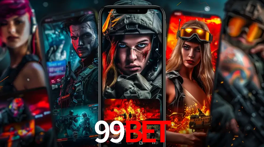 Montagem de telas de celular mostrando diversos personagens, masculinos e femininos, de um jogo de tiro, ilustrando a diversidade de equipes de e-sports para apostar no 99bet.
