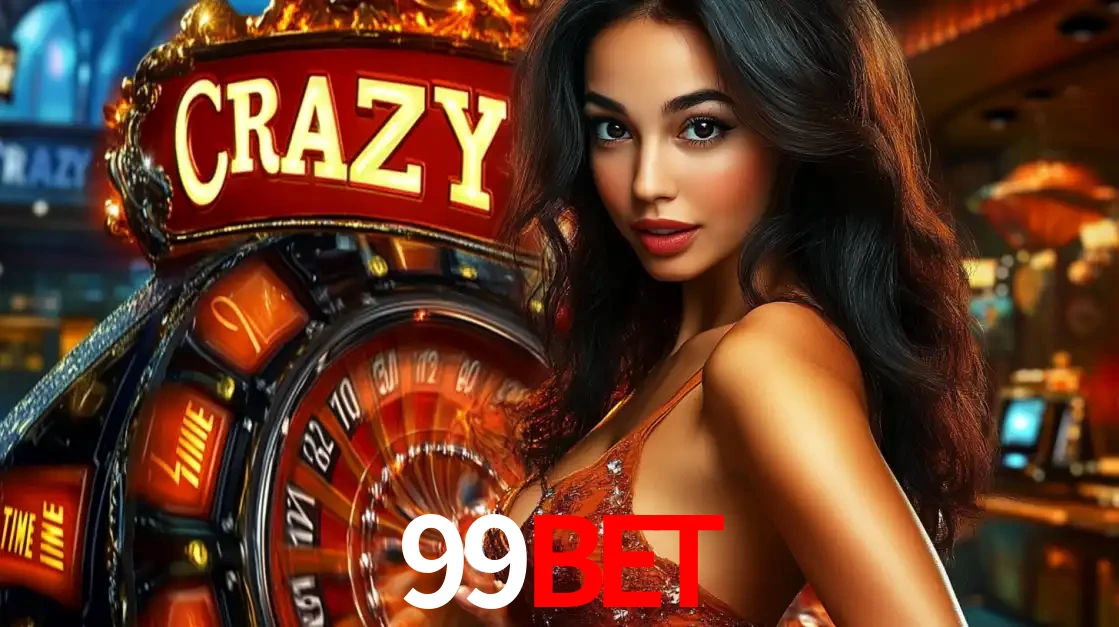 Mulher glamourosa olhando para a câmera com a roda vermelha do Crazy Time ao fundo em um ambiente de cassino, destacando a emoção dos jogos ao vivo no 99bet.