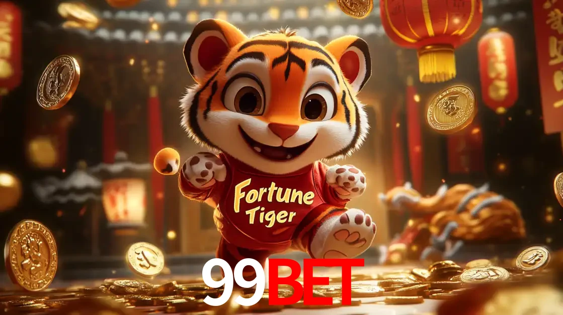 O alegre personagem do Fortune Tiger correndo sobre um caminho de moedas de ouro, simbolizando os grandes prêmios e a diversão do popular jogo de slot do 99bet.