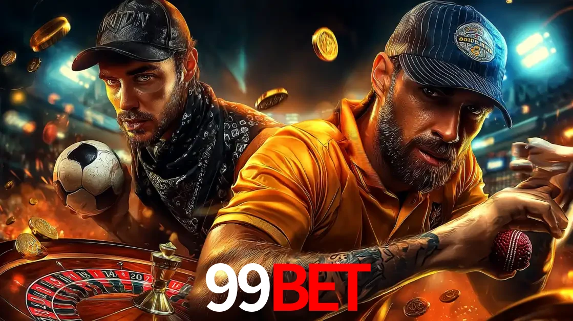 Montagem de apostas esportivas e cassino no 99bet, com um homem segurando uma bola de futebol e outro uma de beisebol sobre uma roleta e moedas voadoras.