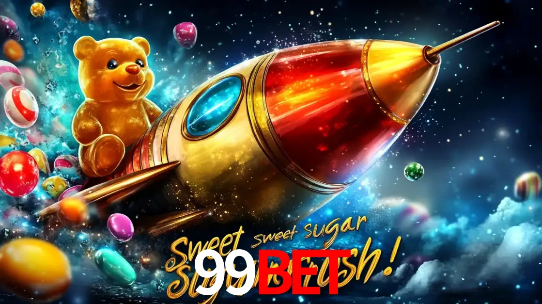 Arte promocional do jogo de slot Sugar Rush, com um urso de pelúcia em um foguete viajando pelo espaço de doces, um dos jogos divertidos disponíveis no cassino 99bet.