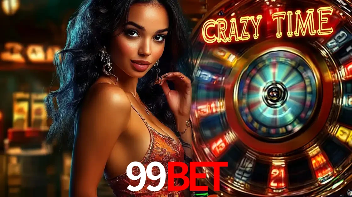 Mulher elegante ao lado da vibrante roda da fortuna do jogo de cassino ao vivo Crazy Time, um dos game shows mais populares e cheios de prêmios do 99bet.