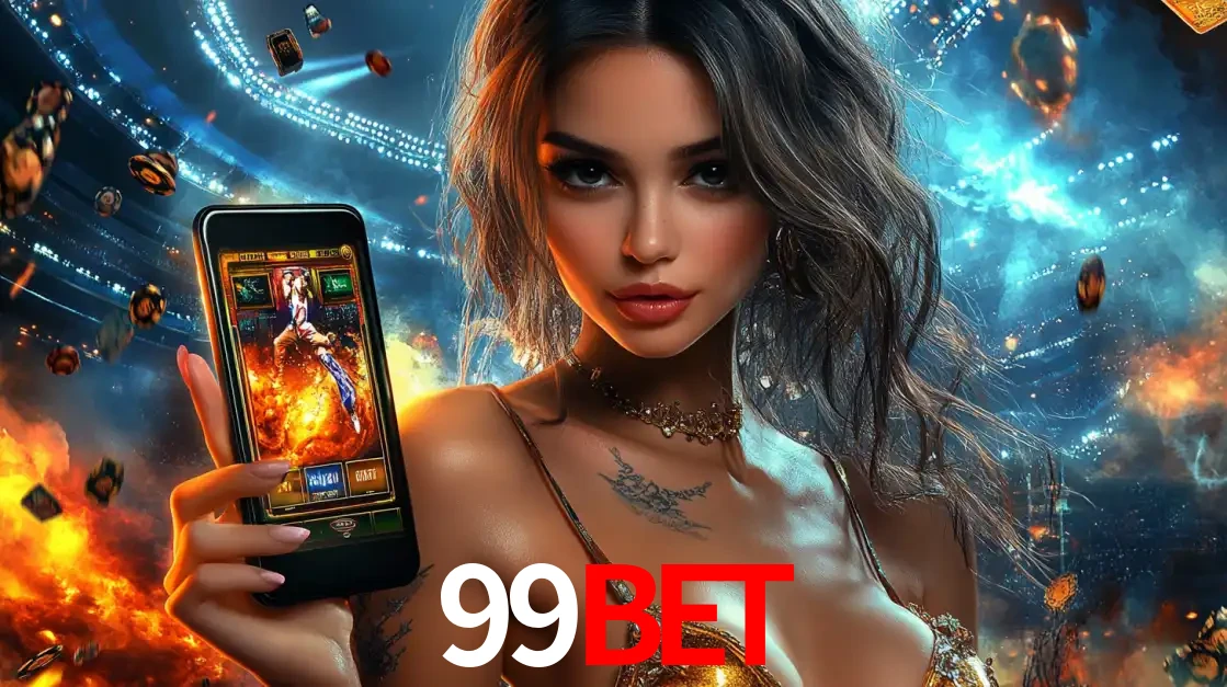 Mulher segurando um celular com um jogo de slot em destaque, tendo como fundo um estádio vibrante, simbolizando a emoção de jogar no cassino móvel 99bet.